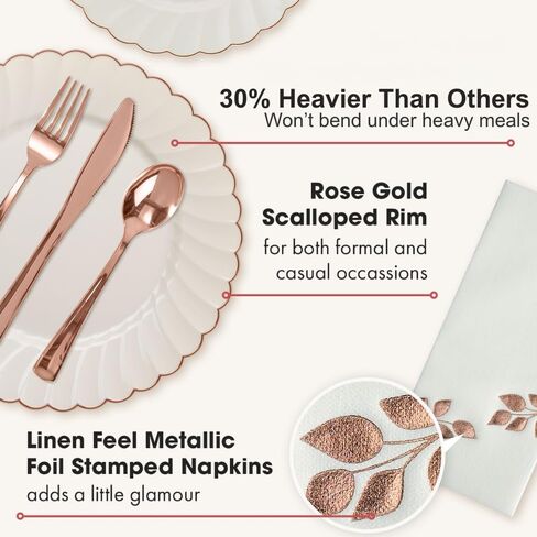 By Madee: HEAVYWEIGHT 175 Pcs | Ivory Scalloped Plastic Plates with Rose Gold Trim | Fancy Disposable Dinnerware Set | Elegant Disposable Dinnerware | Rose Gold Party Plates and Napkins (25 Guests) in Saudi Arabia