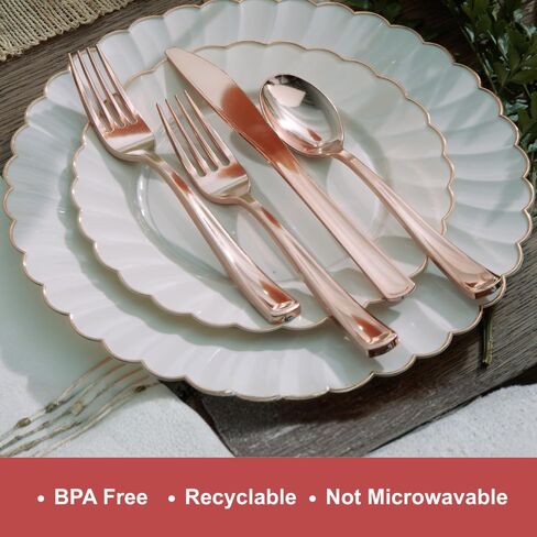By Madee: HEAVYWEIGHT 175 Pcs | Ivory Scalloped Plastic Plates with Rose Gold Trim | Fancy Disposable Dinnerware Set | Elegant Disposable Dinnerware | Rose Gold Party Plates and Napkins (25 Guests) in Saudi Arabia