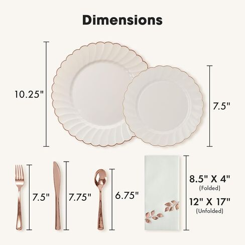 By Madee: HEAVYWEIGHT 175 Pcs | Ivory Scalloped Plastic Plates with Rose Gold Trim | Fancy Disposable Dinnerware Set | Elegant Disposable Dinnerware | Rose Gold Party Plates and Napkins (25 Guests) in Saudi Arabia