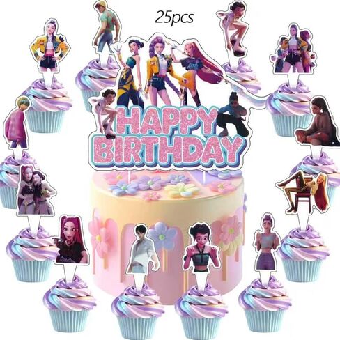 25Pcs For Demon Movie Hunters Cake Decorations with 24pcs Cupcake Toppers, 1pcs Happy Birthday Cake Topper, Cartoon Themed Party Supplies, Perfect for Birthday Party Decorations in Kuwait