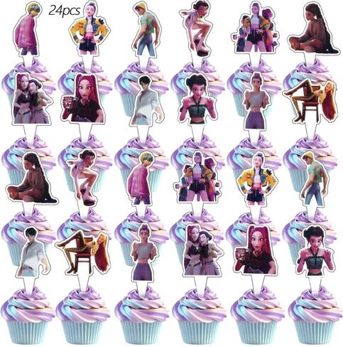 25Pcs For Demon Movie Hunters Cake Decorations with 24pcs Cupcake Toppers, 1pcs Happy Birthday Cake Topper, Cartoon Themed Party Supplies, Perfect for Birthday Party Decorations in Kuwait