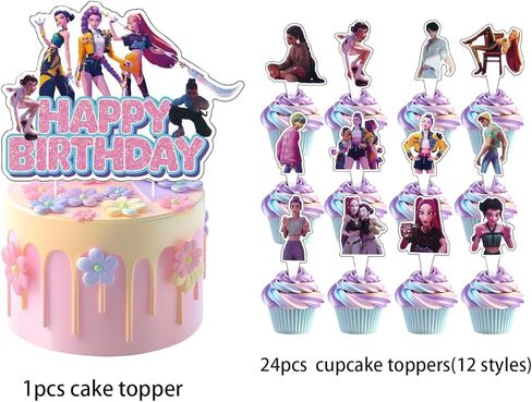 25Pcs For Demon Movie Hunters Cake Decorations with 24pcs Cupcake Toppers, 1pcs Happy Birthday Cake Topper, Cartoon Themed Party Supplies, Perfect for Birthday Party Decorations in Kuwait