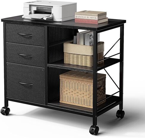 DUMOS 3-Tier Mobile File Cabinet, Printer Stand with Storage, Office Table with Drawers and Back Support Bar, Holds 110lb for Home Office, Rustic Black in Kuwait