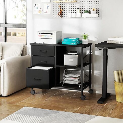 DUMOS 3-Tier Mobile File Cabinet, Printer Stand with Storage, Office Table with Drawers and Back Support Bar, Holds 110lb for Home Office, Rustic Black in Kuwait