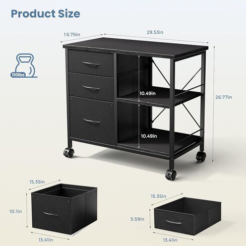 DUMOS 3-Tier Mobile File Cabinet, Printer Stand with Storage, Office Table with Drawers and Back Support Bar, Holds 110lb for Home Office, Rustic Black in Kuwait