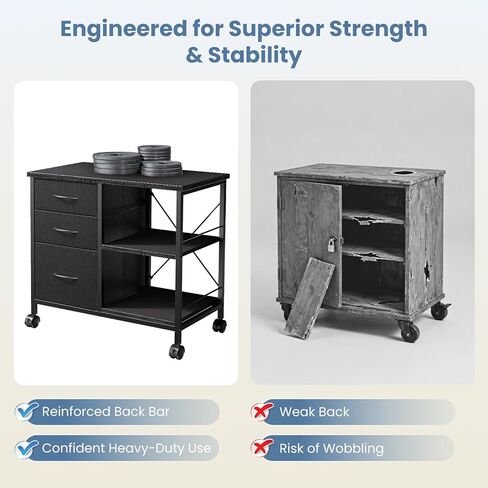 DUMOS 3-Tier Mobile File Cabinet, Printer Stand with Storage, Office Table with Drawers and Back Support Bar, Holds 110lb for Home Office, Rustic Black in Kuwait
