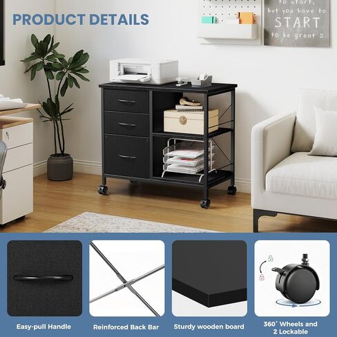 DUMOS 3-Tier Mobile File Cabinet, Printer Stand with Storage, Office Table with Drawers and Back Support Bar, Holds 110lb for Home Office, Rustic Black in Kuwait