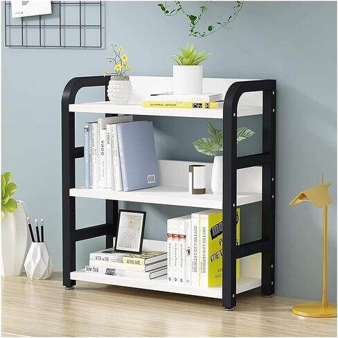 Book Shelf Desktop Bookshelf 3 Tier Bookshelves Metal Frame Wooden Board Countertop Display Storage Height Adjustable Living(White+Black) in Kuwait