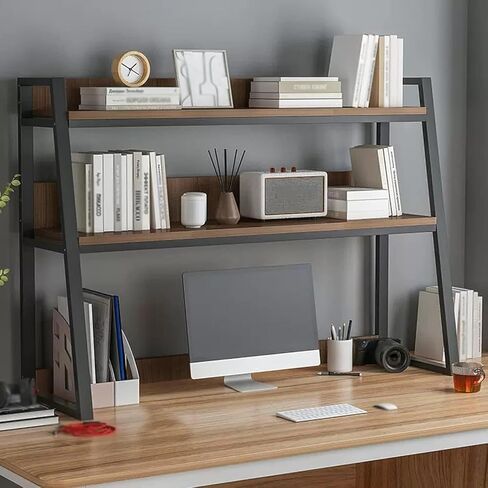 Storage Shelving Unit 2-Tier Brown Desktop Bookshelf Wooden Bookcase PC Desk Organizer Shelves Rack for Office Supplies in Kuwait