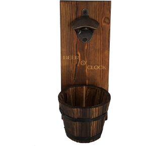 “Beer O’ Clock" Rustic Wall Mounted Bottle Opener and Catcher - Dark Stain Pine with Zinc Alloy Opener - Removable Wooden Bucket - Man (or Woman) Cave Ready