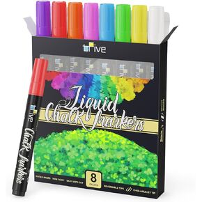 TFIVE Liquid Chalk Markers - 8 Vibrant Color Erasable Chalk Marker Pens, Reversible Tip, Non-Toxic, for Chalkboards, Signs, Glass, Easy to use Chalk markers with 12 Labels Included