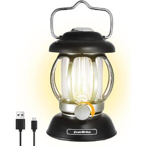 EverBrite Camping Lantern Rechargeable, Retro Metal Camping Light, 4400mAh Battery Powered Hanging Vintage Camping Lamp, 3 Light Modes, Outdoor Tent Light, Emergency Lantern for Power Outage - Black