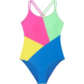 OYOANGLE Girl's One Piece Swimwear Colorblock Criss Cross Back Sleeveless Spaghetti Straps Swimsuits