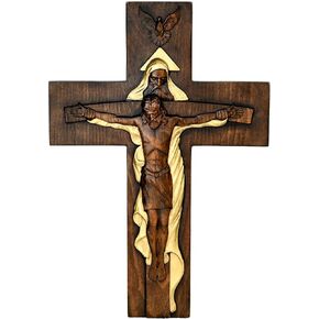 BGCOPPER Holy Trinity Crucifix Wall Cross, Christ Jesus Cross for Wall with Hook, Handmade Wooden Cross Wall Decor for Home Room Church Christmas Gifts (Retro, 16 Inch)