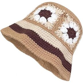 Women Knitted Beanies Cap Boho Knitting Bucket Hats Knit Fishing Hat Handmade Crochet Hats Striped Floral Checkerboard