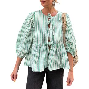 المرأة Y2K Peplum بلايز نفخة قصيرة الأكمام ربط بلوزة قميص الصيف الخروج لطيف بيبي دول الأعلى