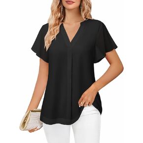 Bebonnie Womens Short Sleeve V Neck Double Layers Chiffon Blouses Dressy Casual Tunic Tops