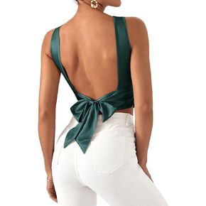 SHENHE Women's Party Tops Satin Tie Back Ruched Sexy Open Back Sparkle Crop Tops Silk Blouse Shirt