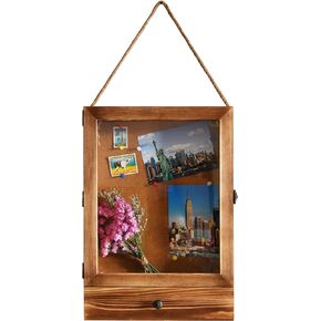 Owlgift 11“ x 16“ Shadow Box Frame w/ Drawer with Cork Back, Rustic Brown Wood with Polished Glass for Wall and Tabletop, Sturdy Memory Display Case, Display Pictures, Collections, Medals, Bouquet