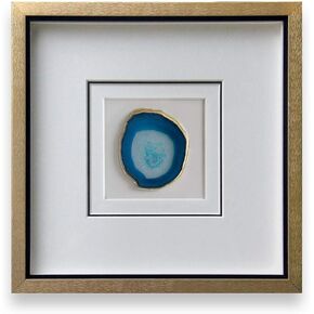 Modern 16x16 Inch Natural Agate Framed Wall Art 4 Inch Gold Edge Geode Stone Artwork with Glass for Living Room Bedroom Home Decor,Blue