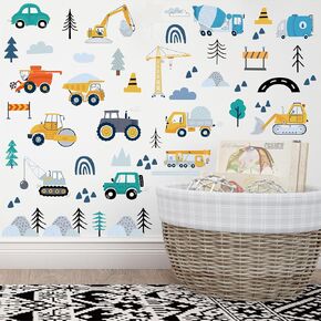 Construction Wall Stickers - 6 Sheets 90 Pcs Construction Themed Trucks Excavator Crane Bohemian Style Wall Decals Peel and Stick Wall Decors for Kids Baby Bedroom Boys Room Nursery Playroom