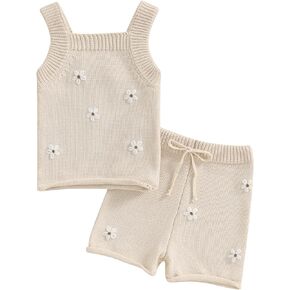 Karwuiio ​Newborn Baby Girl Outfit Clothes Summer Sleeveless Tank Top Elastic Waist Shorts Infant 2Pcs Set