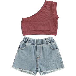 Toddler Baby Girls Denim Outfits Solid One Shoulder Crop Top Summer Tank Tops Raw Hem Denim Ripped Jeans Shorts Set