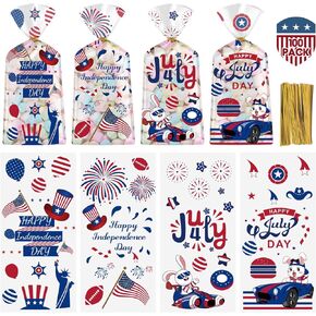 Litmitfu 100 Pcs 4th of July Treat Bags - Happy Patriotic Day Plastic Cellophane Bag, Clear Fourth of July Gift Goodie Candy Favor Bags with Gold Twist Ties for Independence Day Party Favors Supplies