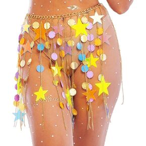 BODIY Gold Belly Dance Skirt Dot Sequins Fringe Chain Skirts Rave Waist Accessory for Women