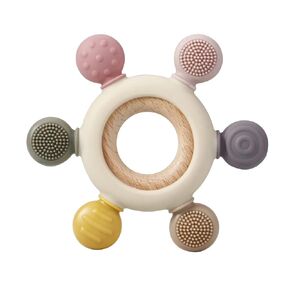 PandaEar Baby Teething Toys - Silicone Rudder Toy with Wooden Rings for Soothing Teething Pain Relief - Silicone Rudder with Wooden Ring for lnfants & Toddlers 6+ Months (Grey)