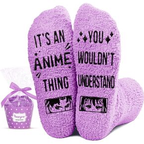 HAPPYPOP Anime Gifts for Anime Lovers Women Teen Girls, Fuzzy Anime Socks Anime Stuff Anime Merch Purple