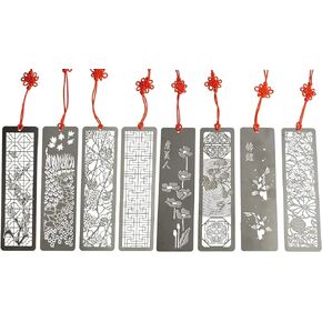 Metal Bookmarks 8 Pcs Hollow Art Stainless Steel Book Mark with Red Enless Knot, Bookmarks Gift for Men Women Book Lovers, Unique Book Marks Accessories
