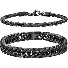 Richsteel 2PCS / 3PCS سلسلة أساور للرجال النساء الفولاذ المقاوم للصدأ الفضة / الذهب / الأسود الكوبي / حبل سلسلة أساور مجموعة، 7.4 / 8.2 / 9 بوصة طول سلسلة اليد للرجال النساء المجوهرات