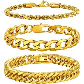 Richsteel 2PCS/3PCS Bracelets Chain for Men Women Stainless Steel Silver/Gold/Black Cuban/Rope Link Chain Bracelets Set, 7.4/8.2/9 Inch Hand Chain Length for Men Women Jewelry