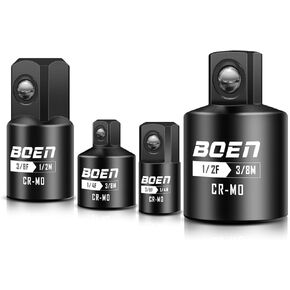 BOEN 4 Piece Impact Socket Adapter Set and Reducer Set, 1/4", 3/8", 1/2" Drive Socket Adapter Set, SAE Impact Adapter Conversion Set for Impact Driver Wrench, Cr-Mo Steel