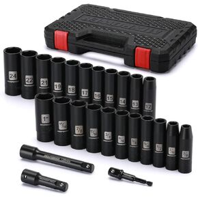 MIXPOWER 25 Pieces 1/2-Inch Drive Deep Impact Socket Set, CR-V, Metric/SAE, Includes 12mm to 24mm, 3/8-Inch to 1-Inch, 3", 5" Extension bars, 1/2"-1/4" Adapter