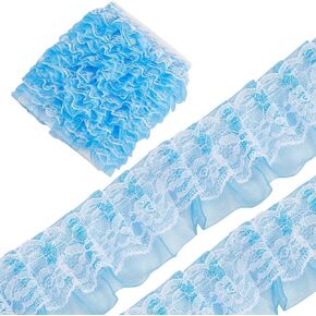 GORGECRAFT 10m Double Layer Pleated Organza Lace Edge Trim 5cm Wide Gathered Voile Mesh Chiffon Tulle Fabric Ruffles Lace Ribbon for Sewing Crafts Wedding Dress Party Accessories Decor Clothes Blue