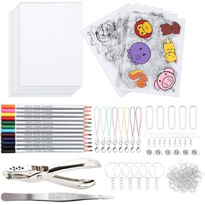 NOVWANG 198 Pcs Shrink Plastic Sheets Kit,Shrink Plastic Kit Includes 28 Pcs Shrink Paper 170 Pcs Keychain and Art Accessories DIY Shrink Plastic Kits for Kids