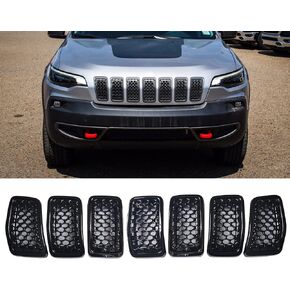 7PCS Gloss Black Compatible with Jeep Cherokee 2019 2020 2021 Front Mesh Grille Grill Trim Honeycomb Insert Cover Accessories