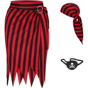 Women Pirate Skirt Costume Striped Medieval Renaissance Pirate Dress Scarf Hat Eye Patch Cosplay Accessories