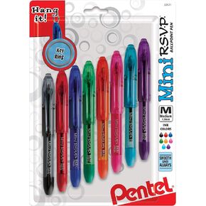 RSVP Mini Ballpoint Pen, (1.0mm) Medium Line, Assorted Ink Colors, w/Key Ring, 8 Pack