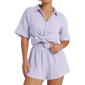 Women 2 Piece Cotton Outfit Short Sleeve Button Down Shirt and Shorts Set Lounge Tracksuit