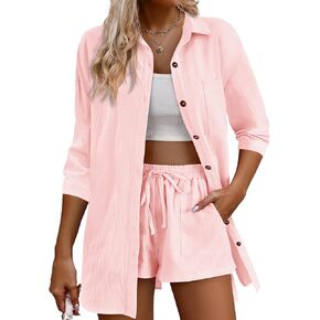 IN'VOLAND Plus Size Women's 2 Piece Outfits Cotton Linen 3/4 Sleeve High Low Shirt Drawstring Shorts Set Tracksuit