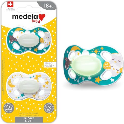 لهاية ميديلا للأطفال | الليل - يتوهج في الظلام | 18+ شهرًا | عبوة من قطعتين | خفيف الوزن | خالية من مادة BPA | البوم والقمر مع النجوم in Kuwait