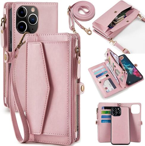 for iPhone 14 Pro Max Wallet Case for Women, Support Wireless Charging with RFID Blocking Card Holder, Leather Zipper 2 in 1 Detachable Magnetic Phone Case with Crossbody Strap Wristlet, Black in Saudi Arabia