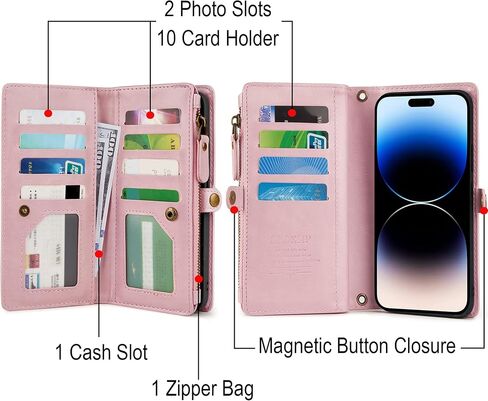 for iPhone 14 Pro Max Wallet Case for Women, Support Wireless Charging with RFID Blocking Card Holder, Leather Zipper 2 in 1 Detachable Magnetic Phone Case with Crossbody Strap Wristlet, Black in Saudi Arabia