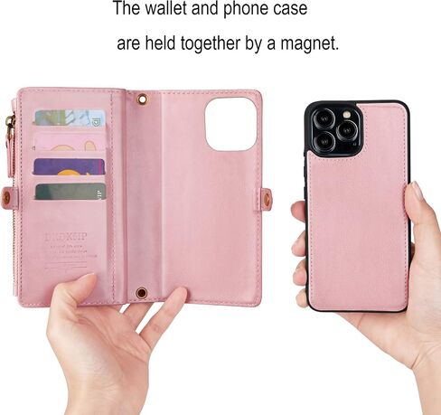 for iPhone 14 Pro Max Wallet Case for Women, Support Wireless Charging with RFID Blocking Card Holder, Leather Zipper 2 in 1 Detachable Magnetic Phone Case with Crossbody Strap Wristlet, Black in Saudi Arabia