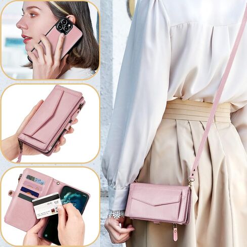 for iPhone 14 Pro Max Wallet Case for Women, Support Wireless Charging with RFID Blocking Card Holder, Leather Zipper 2 in 1 Detachable Magnetic Phone Case with Crossbody Strap Wristlet, Black in Saudi Arabia