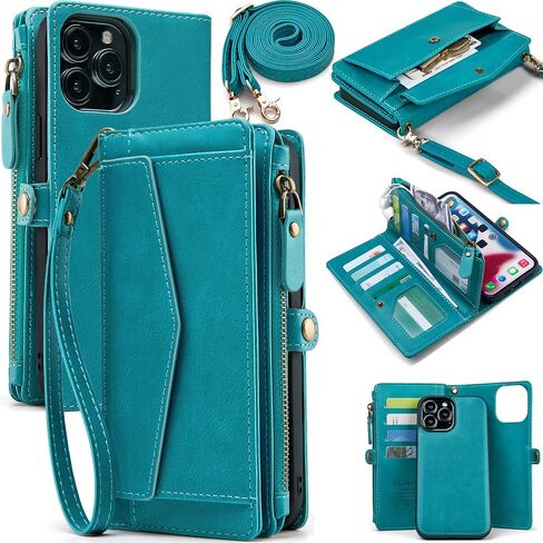 for iPhone 14 Pro Max Wallet Case for Women, Support Wireless Charging with RFID Blocking Card Holder, Leather Zipper 2 in 1 Detachable Magnetic Phone Case with Crossbody Strap Wristlet, Black in Saudi Arabia