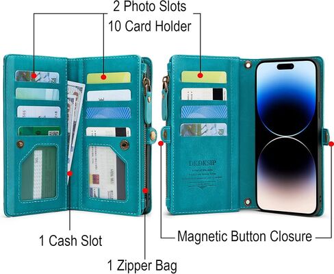 for iPhone 14 Pro Max Wallet Case for Women, Support Wireless Charging with RFID Blocking Card Holder, Leather Zipper 2 in 1 Detachable Magnetic Phone Case with Crossbody Strap Wristlet, Black in Saudi Arabia